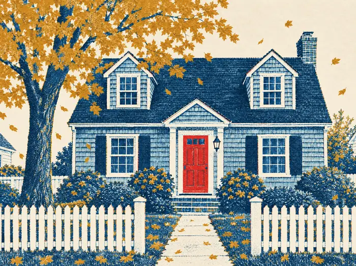 Illustration of a shingled Cape Cod house with a red front door under an autumn maple