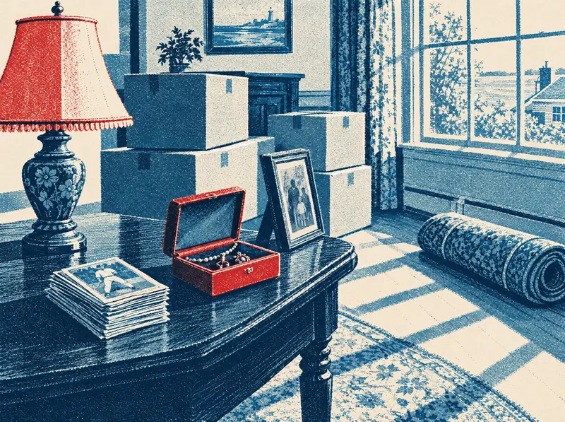 Illustration of a sunlit room being cleared out, with boxes, an antique lamp, baseball cards and a jewelry box