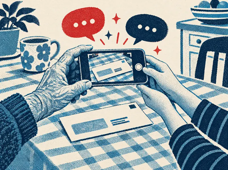 Illustration of two pairs of hands holding a phone to photograph a bill, with chat bubbles rising from the screen